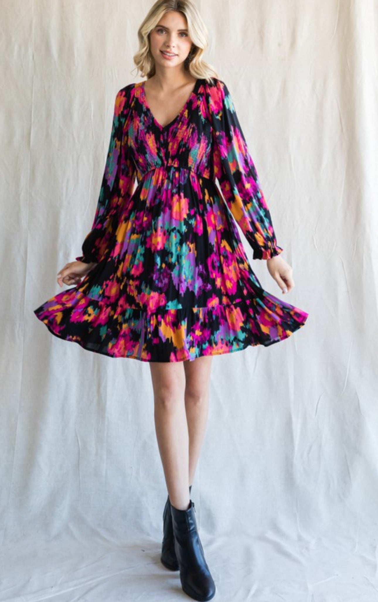 Print Smocked Bodice Dress-Curvy