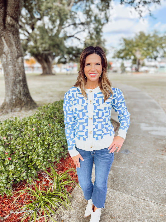 Pattern Sweater Cardigan-Sapphire Blue