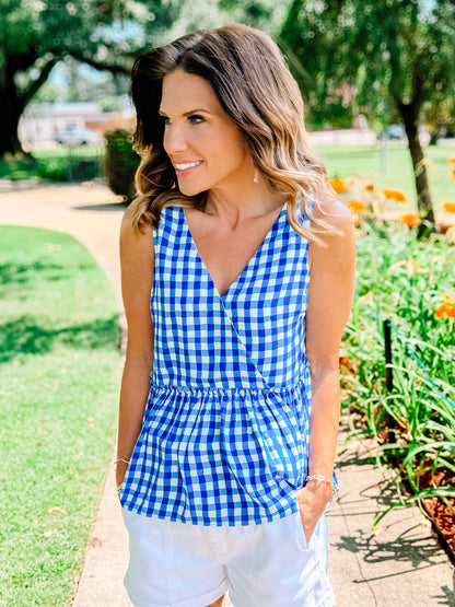 Sleeveless Gingham Cross Back Peplum V Neck Top