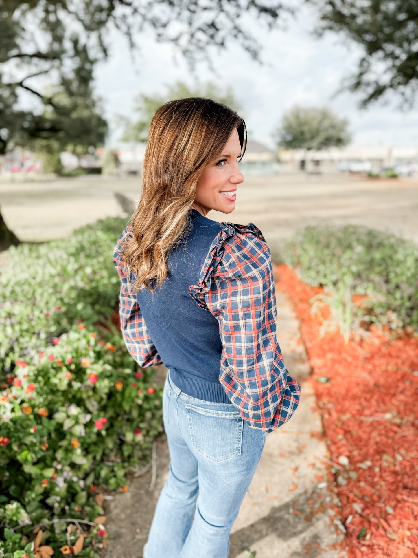 Lightweight Sweater Top with Contrast Sleeves.