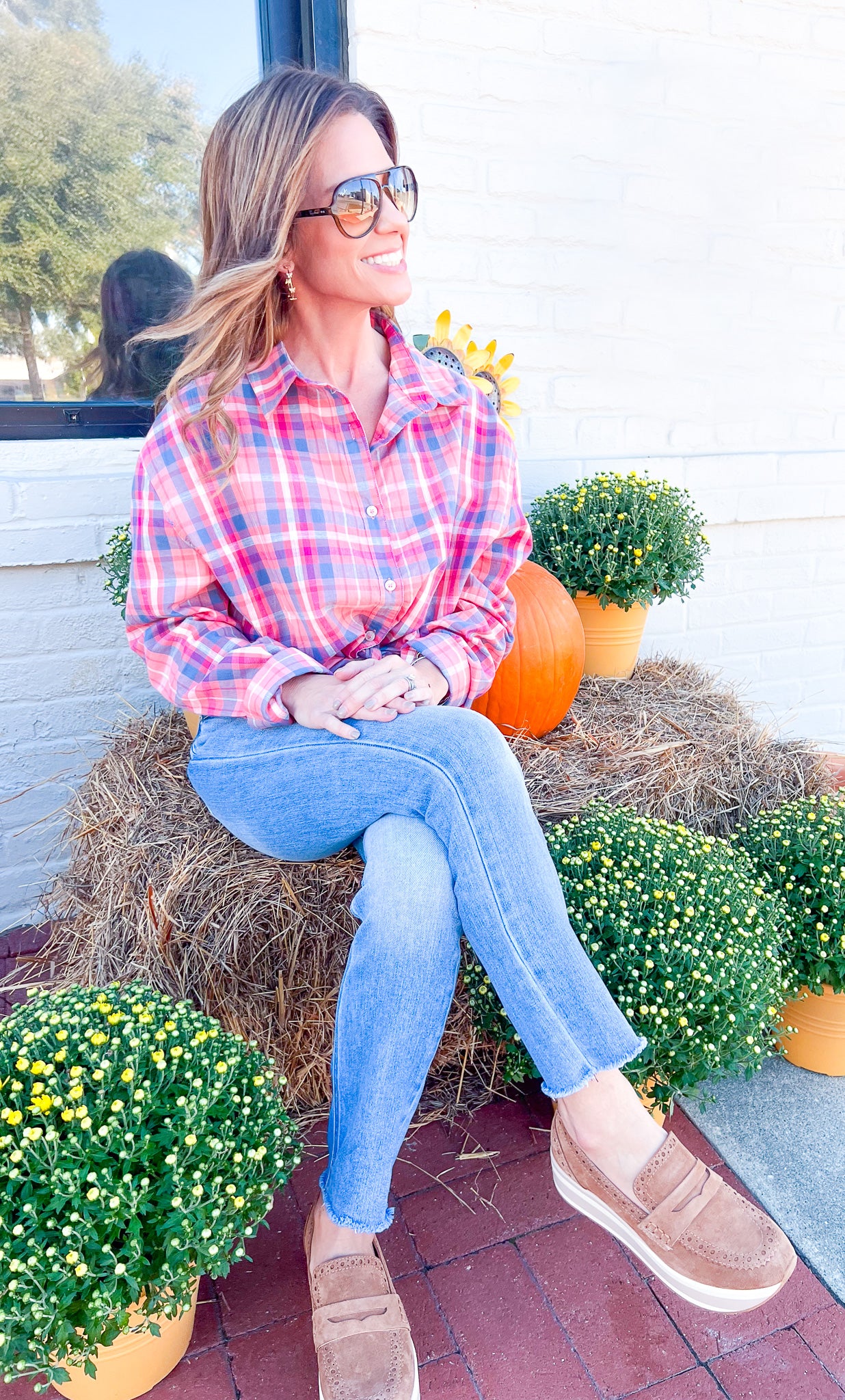 Plaid Button Down Long Sleeve Top/Pink