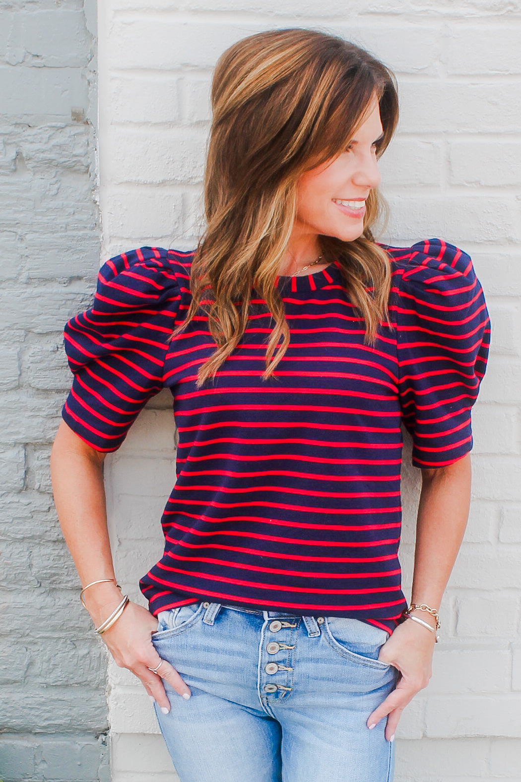 Puff Sleeve Stripe Top-Red/Navy