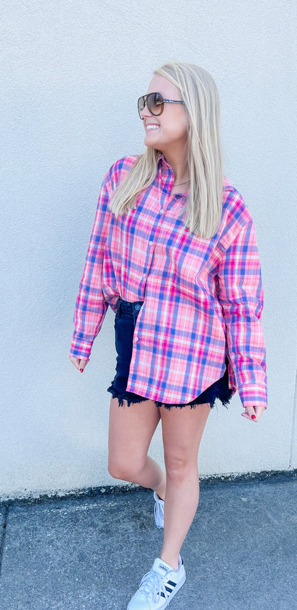 Plaid Button Down Long Sleeve Top/Pink