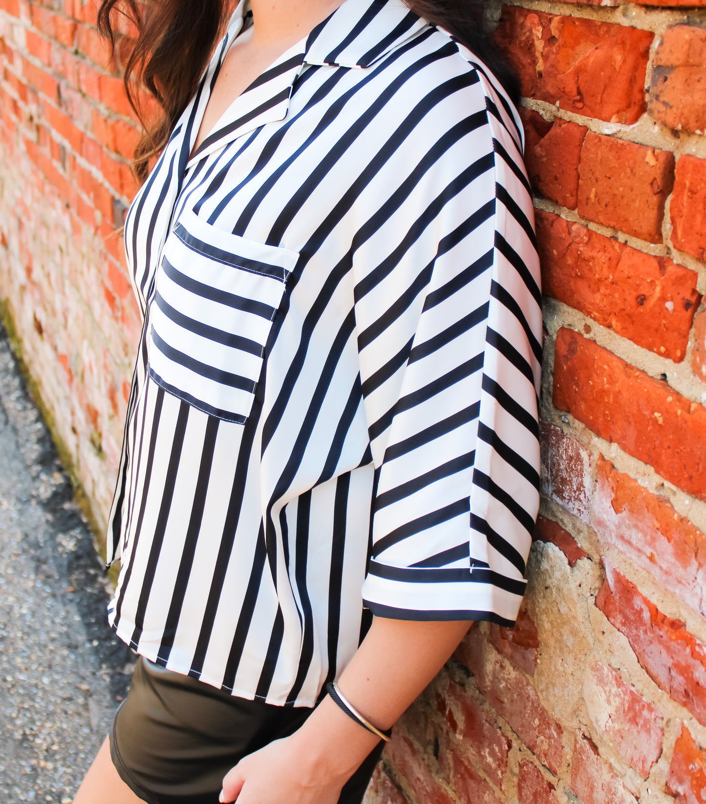 Striped Button Down Top-Black/White