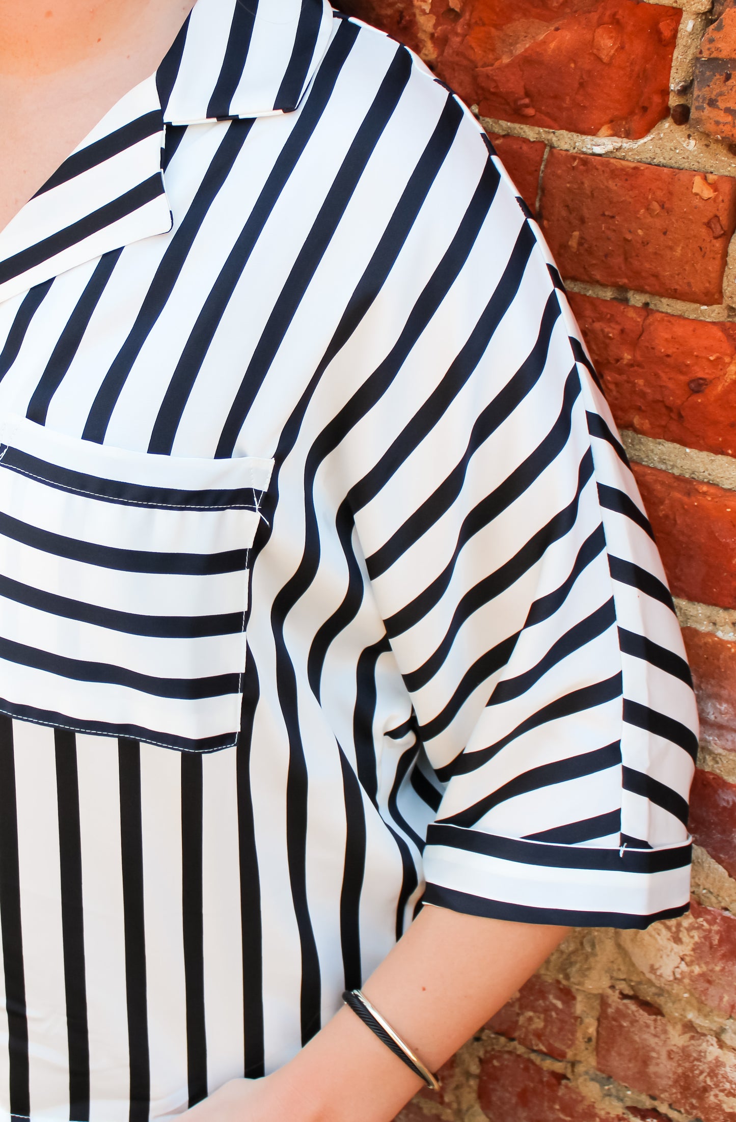 Striped Button Down Top-Black/White