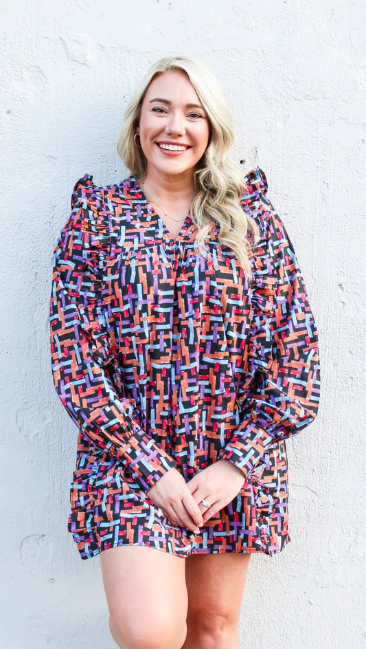 Abstract Printed Long Sleeve Dress - TCEC - Hudson & Lou