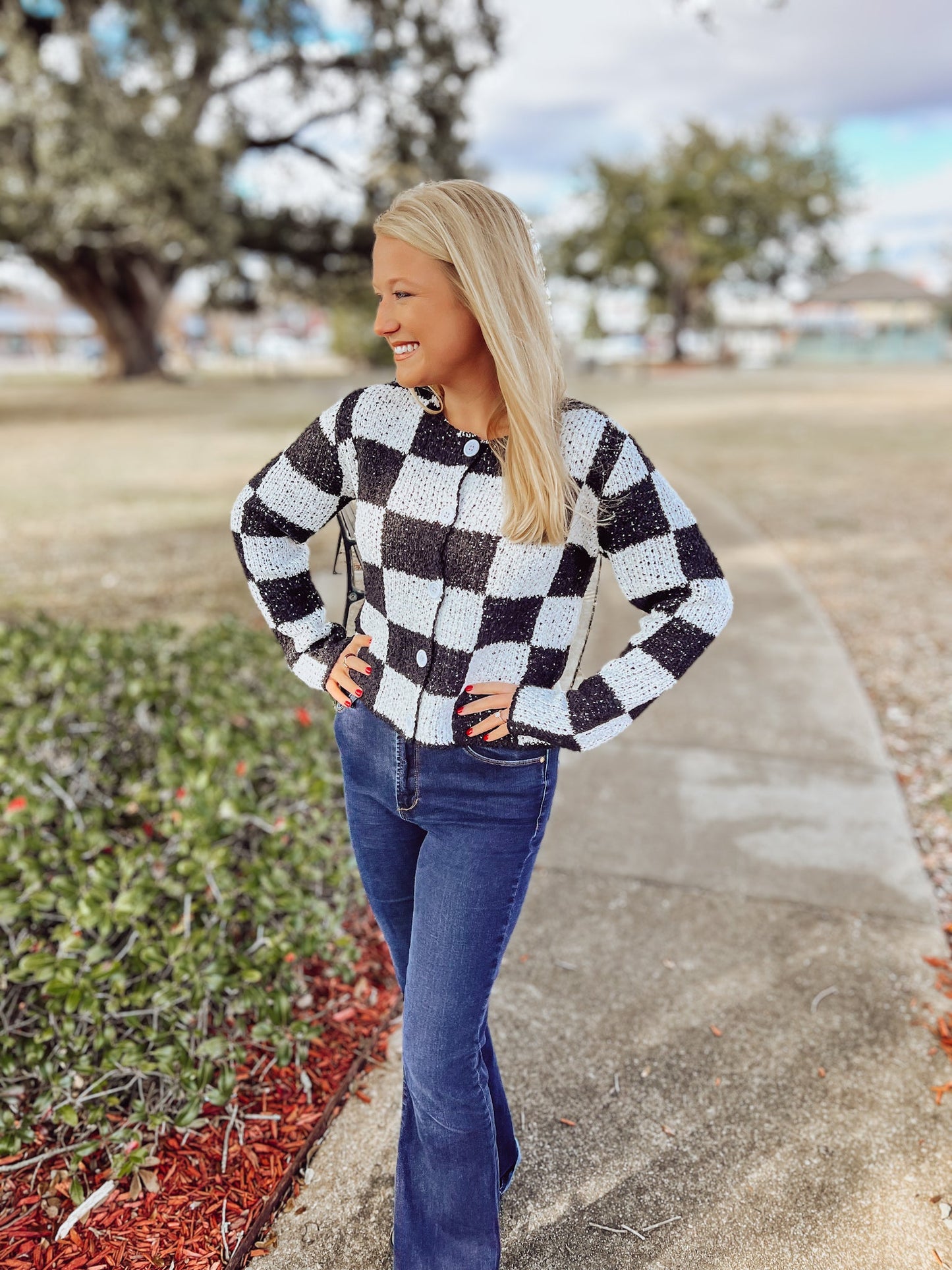 Checker Crop Cardigan Sweater - Hudson & Lou