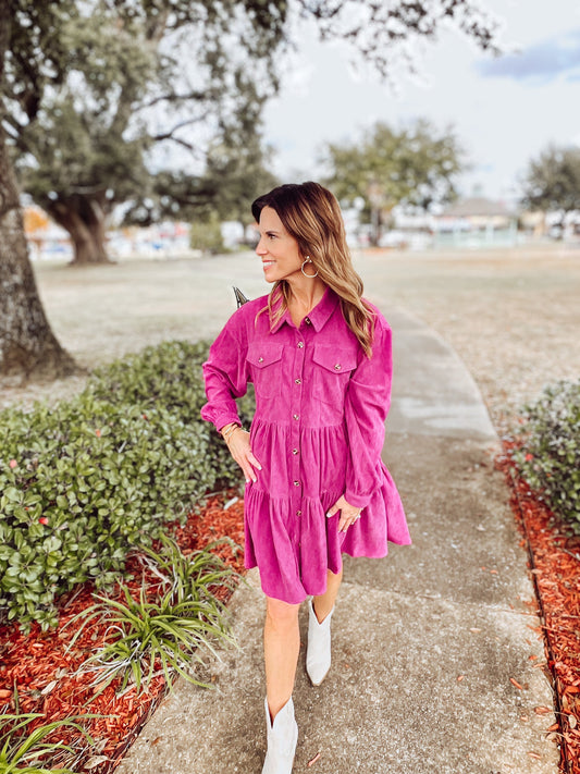 Corduroy Shirt Dress - Magenta - Hudson & Lou